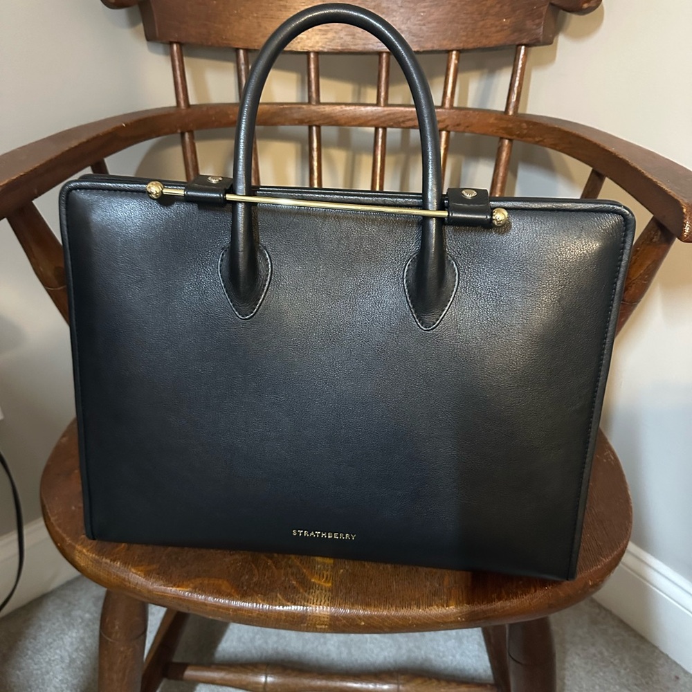 Strathberry Tote Large Black Leather with Gold Accents with music bar closure